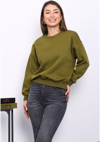 Yağ Yeşili Bisiklet Yaka Üç İplik Sweat