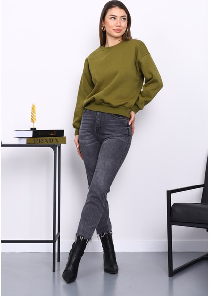 Yağ Yeşili Bisiklet Yaka Üç İplik Sweat fiyatları