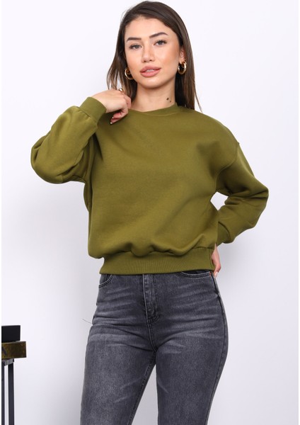 Yağ Yeşili Bisiklet Yaka Üç İplik Sweat modelleri