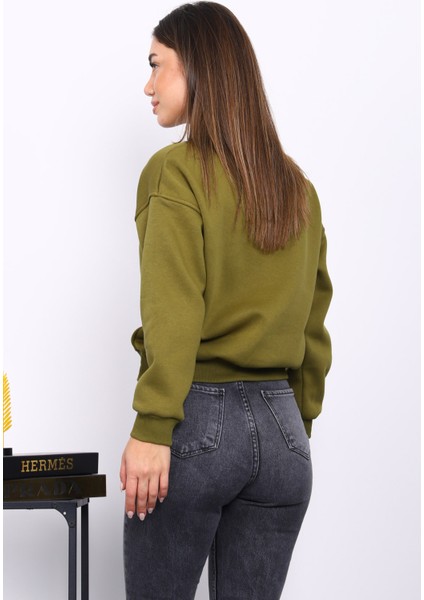 Yağ Yeşili Bisiklet Yaka Üç İplik Sweat fırsatları