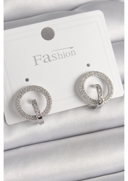 Pirinç Gümüş Renk Zirkon Taşlı Halka Model Kadın Küpe - TJ-BKP9924