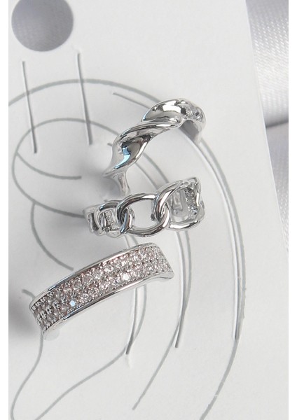 Pirinç Gümüş Renk Zirkon Taşlı 3'Lü Zincir Sarmal Model Kadın Kıkırdak Küpe - TJ-BKP10565