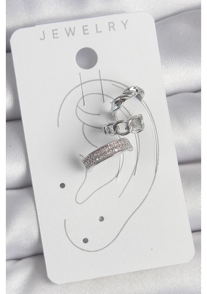 Pirinç Gümüş Renk Zirkon Taşlı 3'Lü Zincir Sarmal Model Kadın Kıkırdak Küpe - TJ-BKP10565 fiyatları