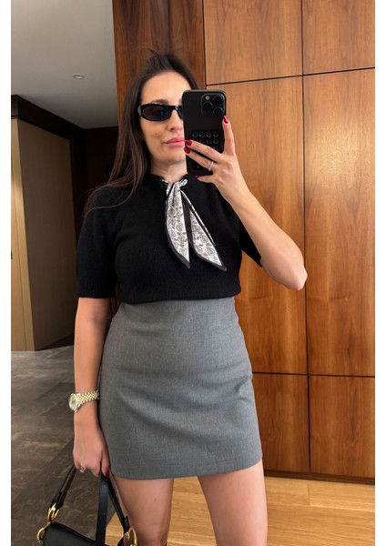 Fluarlı Kısa Kol Premium Triko Kazak- Siyah