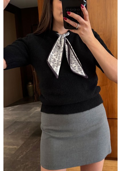 Fluarlı Kısa Kol Premium Triko Kazak- Siyah fırsatları