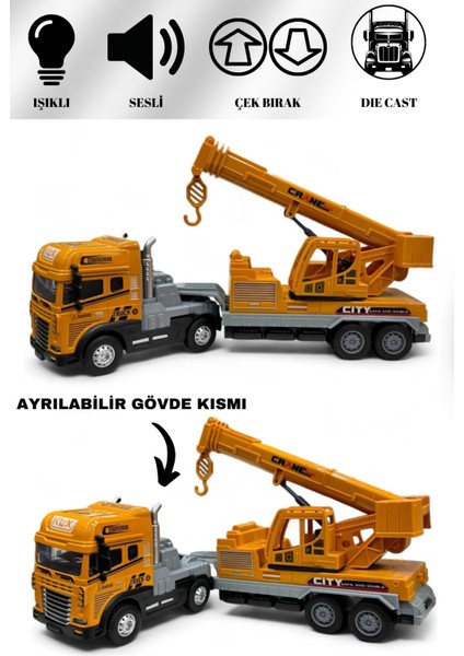 Vinç Iş Makinası 1:24 Işıklı Müzikli Çek Bırak 30 cm Die Cast modelleri