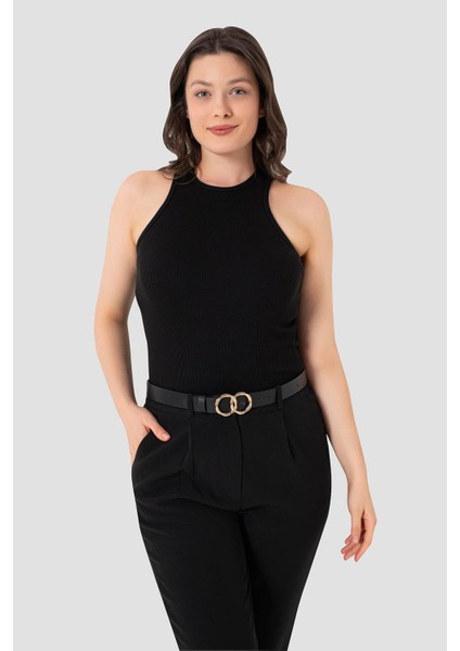 Kadın Pamuklu Fitilli Görünümlü Halter Yaka Basic Siyah Atlet fiyatları