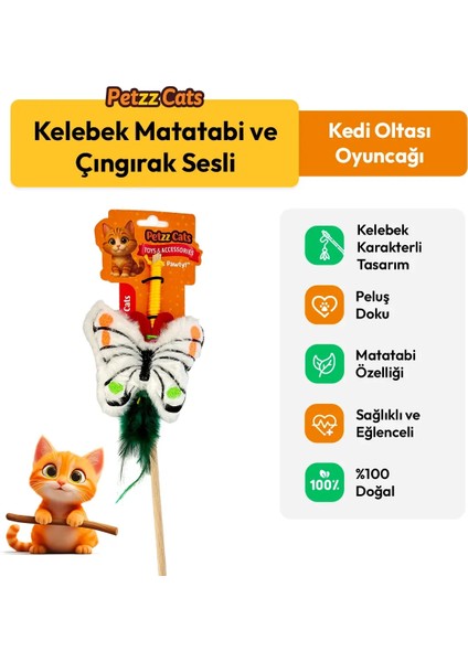 Petzzcats Kelebek Matatabi ve Çıngırak Sesli Kedi Oltası Oyuncağı Beyaz 42 cm