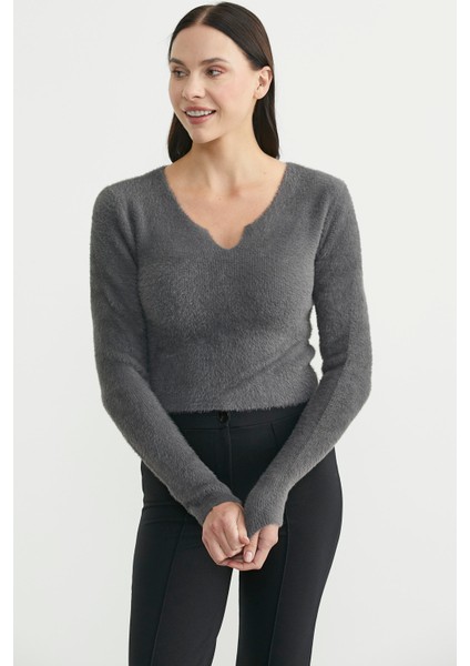 Yaka Detaylı Yumoş Crop Triko Kazak - Füme fiyatları