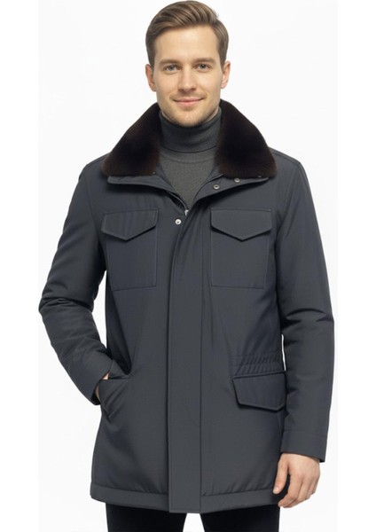 Lacivert Hakiki Kürk Yakalı Su Geçirmez Kaban