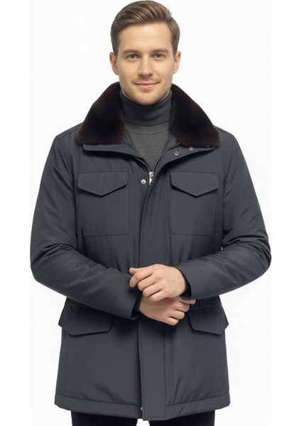 Lacivert Hakiki Kürk Yakalı Su Geçirmez Kaban fiyatları