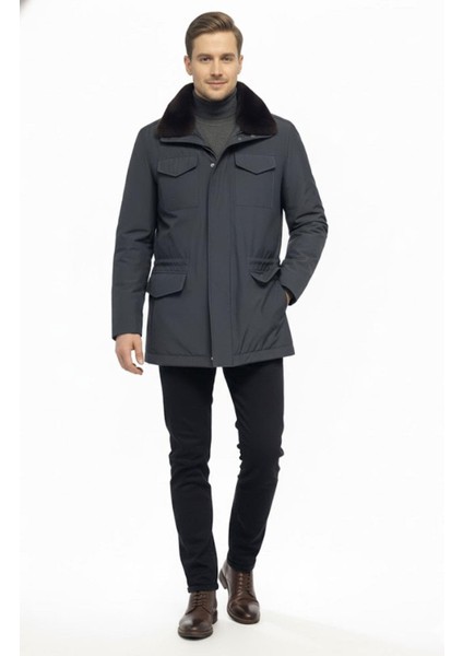 Lacivert Hakiki Kürk Yakalı Su Geçirmez Kaban modelleri