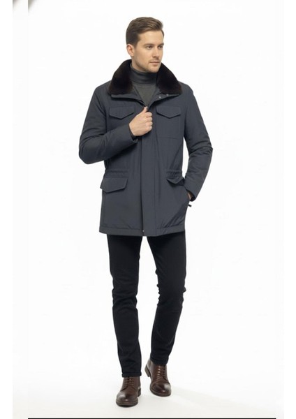 Lacivert Hakiki Kürk Yakalı Su Geçirmez Kaban indirimleri