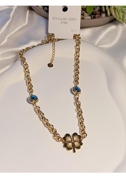 Nazar Boncuklu Yonca Detaylı 14 K Kaplama Çelik Kolye