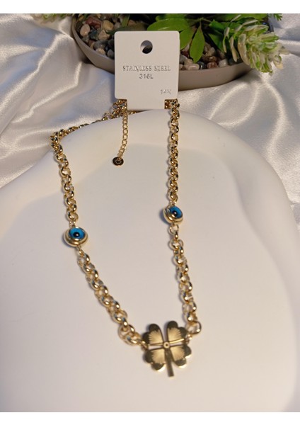 Nazar Boncuklu Yonca Detaylı 14 K Kaplama Çelik Kolye fiyatları