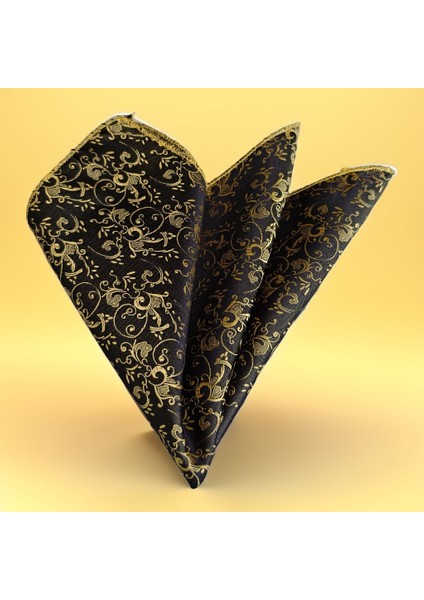 Siyah Üzerine Altın Sarı Şal Desenli Jakar Dokuma Cep Yaka Mendili