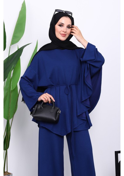 Lacivert Pelerin Detaylı Tunik Pantolonlu Takım modelleri