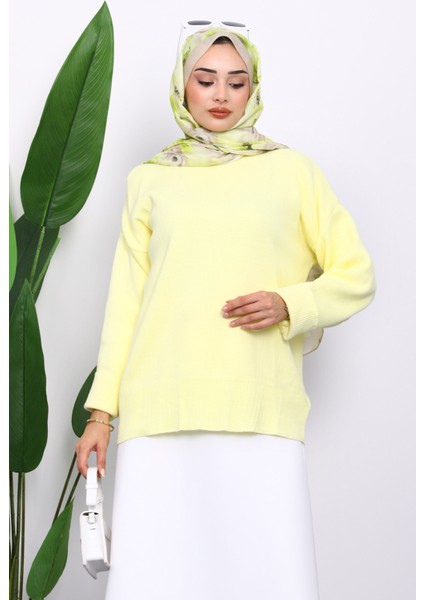 Sarı Bisiklet Yaka Yumuşak Dokulu Oversize Triko Kazak