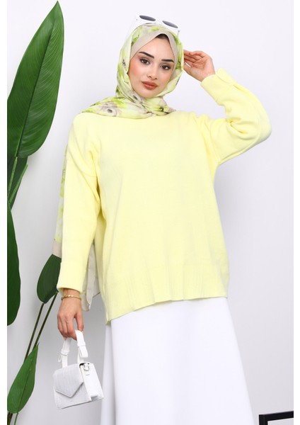 Sarı Bisiklet Yaka Yumuşak Dokulu Oversize Triko Kazak modelleri