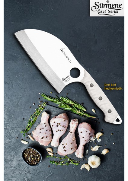 Sürmene Serisi K Almazan Mutfak Şef Bıçağı Bıçak Kamp Bıçağı Deri Kılıflı Beyaz Verzalit Sap HDS-150