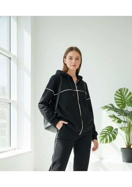 3iplik Şardonlu Eşofmantakım_fermuarlı Kapüşonlu Günlük Takım