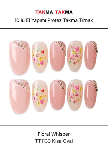 10'lu Pembe Kısa Oval TT1133 Tekrar Kullanılabilir El Yapımı Protez Takma Tırnak - Pembe-M modelleri