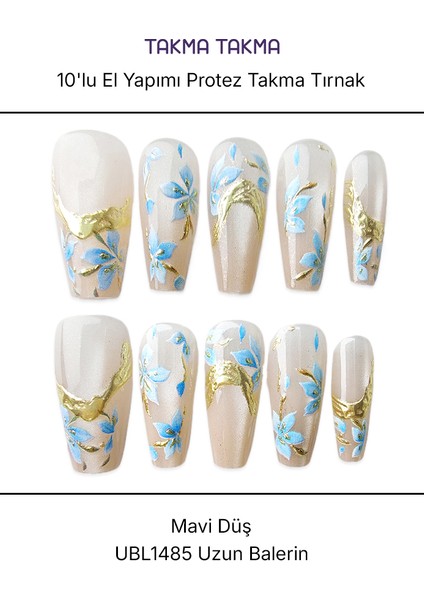 10'lu Ten Rengi Uzun Balerin UBL1485 Tekrar Kullanılabilir El Yapımı Protez Takma Tırnak - Ten Rengi-S