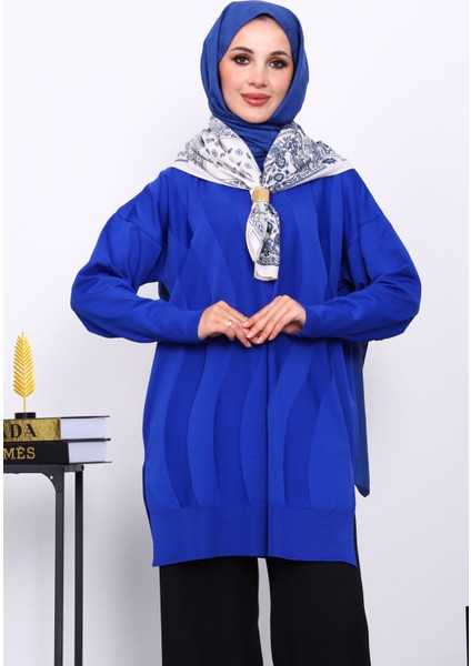 Saks Mavi Bisiklet Yaka Soğuk İplik Triko Tunik