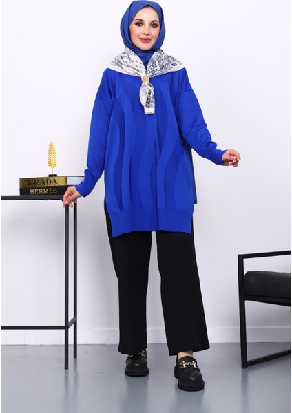 Saks Mavi Bisiklet Yaka Soğuk İplik Triko Tunik fiyatları