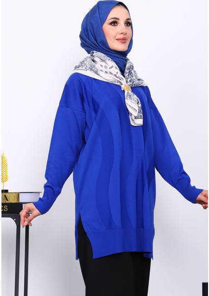 Saks Mavi Bisiklet Yaka Soğuk İplik Triko Tunik modelleri