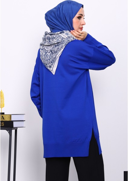 Saks Mavi Bisiklet Yaka Soğuk İplik Triko Tunik fırsatları