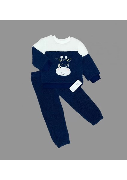 Litaetrend 1-2-3 Yaş Ponponlu Zürafa Desenli Kuzu Kumaş Uzun Kollu 2li Kız Erkek Çocuk Takımı Lacivert