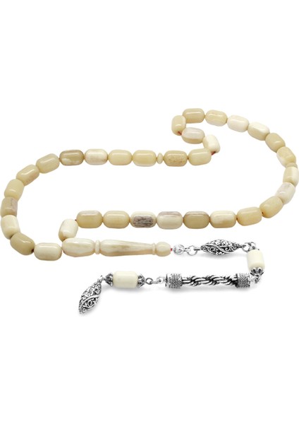 Kararmaz Metal Gümüş Halat Püsküllü Kapsül Kesim Naturel Renk Deve Kemiği Tesbih