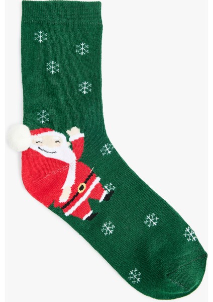 Yılbaşı Temalı Ponpon Detaylı Pamuklu Soket Çorap