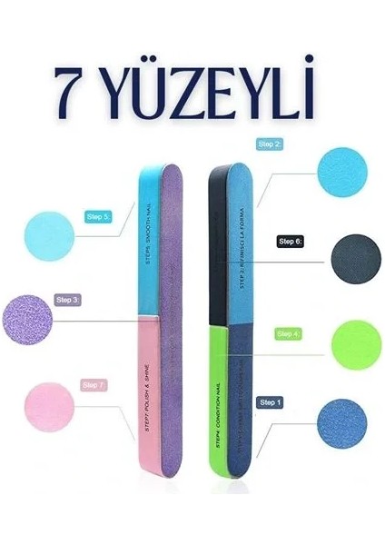 7 Yüzeyli Tırnak Törpü ve Parlatma Blok Sünger Renkli, Ergonomik ve Profesyonel Manikür Için