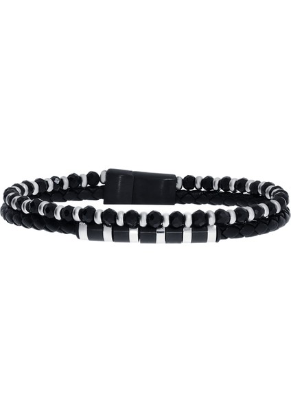 Erkek Siyah Boncuk ve Çelik Detay Deri Bileklik