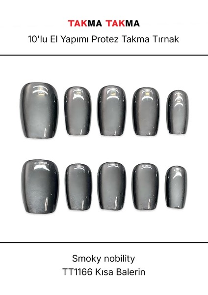 10'lu Gri Kısa Balerin TT1166 Tekrar Kullanılabilir El Yapımı Protez Takma Tırnak - Gri-M