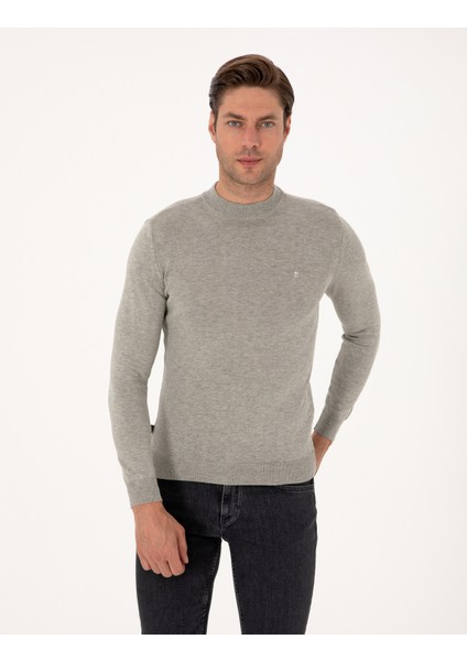 Erkek Açık Gri Melanj Slim Fit Çeyrek Yaka Basic Triko Kazak 50314188-VR091