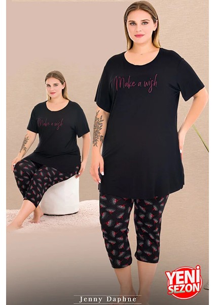 Lady Büyük Beden Çiçek Desenli Bisiklet Yaka Kısa Kollu Kapri Pijama Takımı