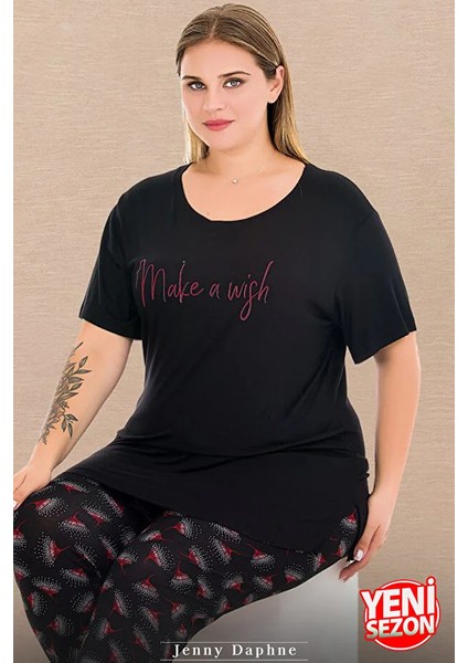 Lady Büyük Beden Çiçek Desenli Bisiklet Yaka Kısa Kollu Kapri Pijama Takımı fiyatları