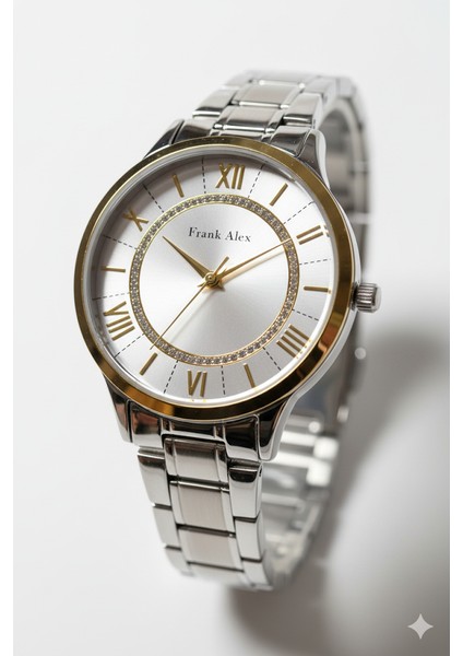 Kadın Kol Saati Altın ve Gümüş Renk, Gümüş Kadran - Şık Metal Kordon, 2 Yıl Garantili