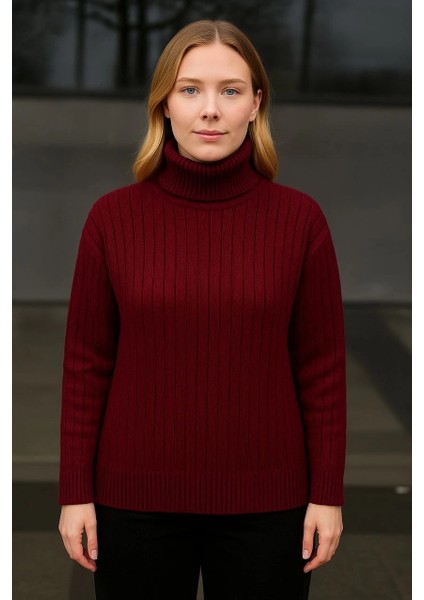 Kadın Balıkcı Yaka Bağazlı Triko Kazak Pamuklu Kalın Fitilli Dokuma - Bordo fiyatları