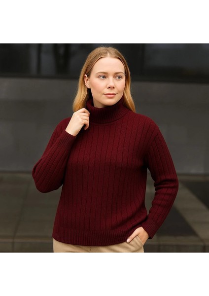 Kadın Balıkcı Yaka Bağazlı Triko Kazak Pamuklu Kalın Fitilli Dokuma - Bordo fırsatları