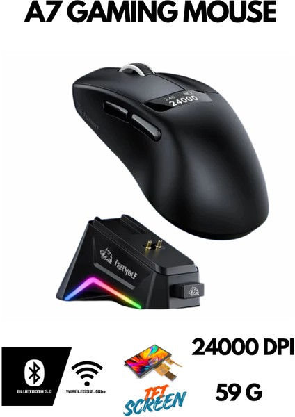 Freewolf A7 Kablosuz Dijtal Ekranlı Oyuncu Mouse PAW3311 1000 Hz 24000 Dpı Bluetooth Mouse