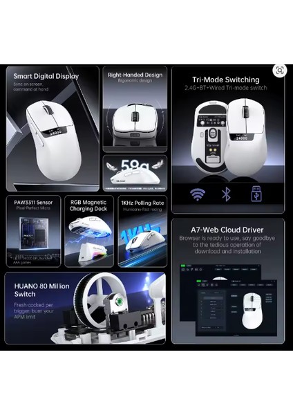 Freewolf A7 Kablosuz Dijtal Ekranlı Oyuncu Mouse PAW3311 1000 Hz 24000 Dpı Bluetooth Mouse fiyatları