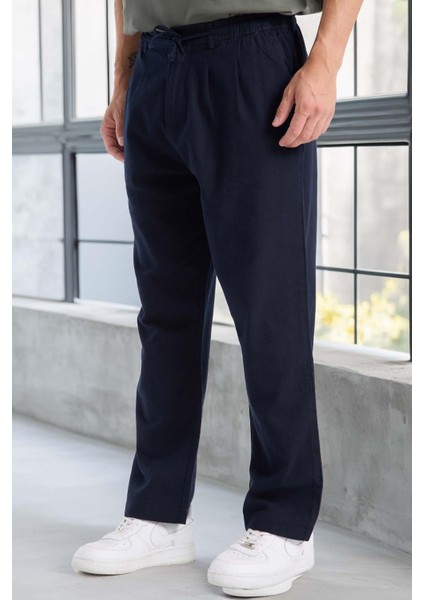 Bergman Keten Görünümlü Pamuklu Flamlı Rahat Kalıp Pileli Erkek Pantolon - Lacivert