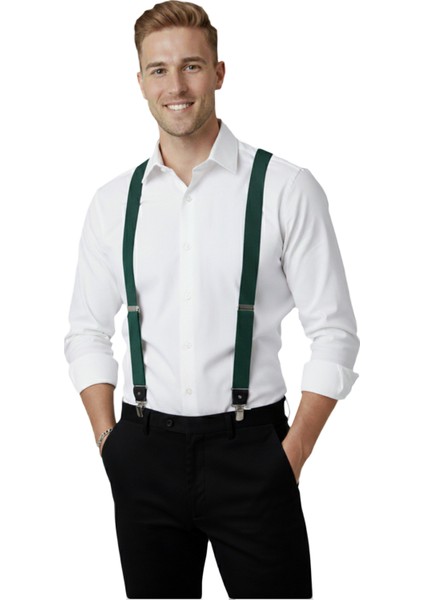 Unisex Yeşil Derili Esneyebilen Lastik Ayarlanabilir Metal Klipsli Pantolon Askısı 2602025