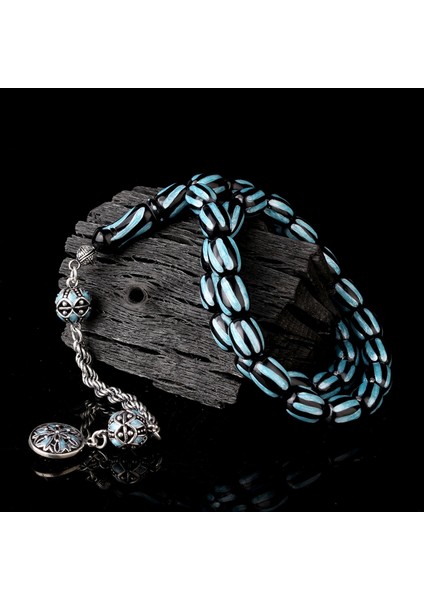 925 Ayar Gümüş Mineli Püsküllü Siyah Turkuaz Renk Ateş Kehribar Tesbih