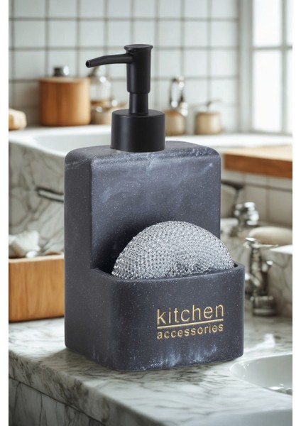 Kavren Polyresin Hazneli Sıvı Sabunluk – Sünger Bölmeli Mutfak Deterjanlık 500 ml (Sünger Hediyeli)