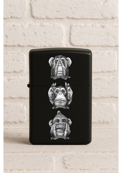 Uv Baskılı Desenli Metal Benzinli Siyah Çakmak Cep Çakmağı - 3 Maymun
